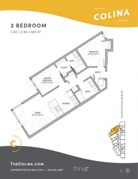Floor plan for 2 beds, 2 baths, 895 sqft